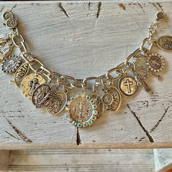 Charm Bracelet St Benedict, Saints & Crosses Silver Tone Catholic Charm Bracelet - Picture 11 of 12